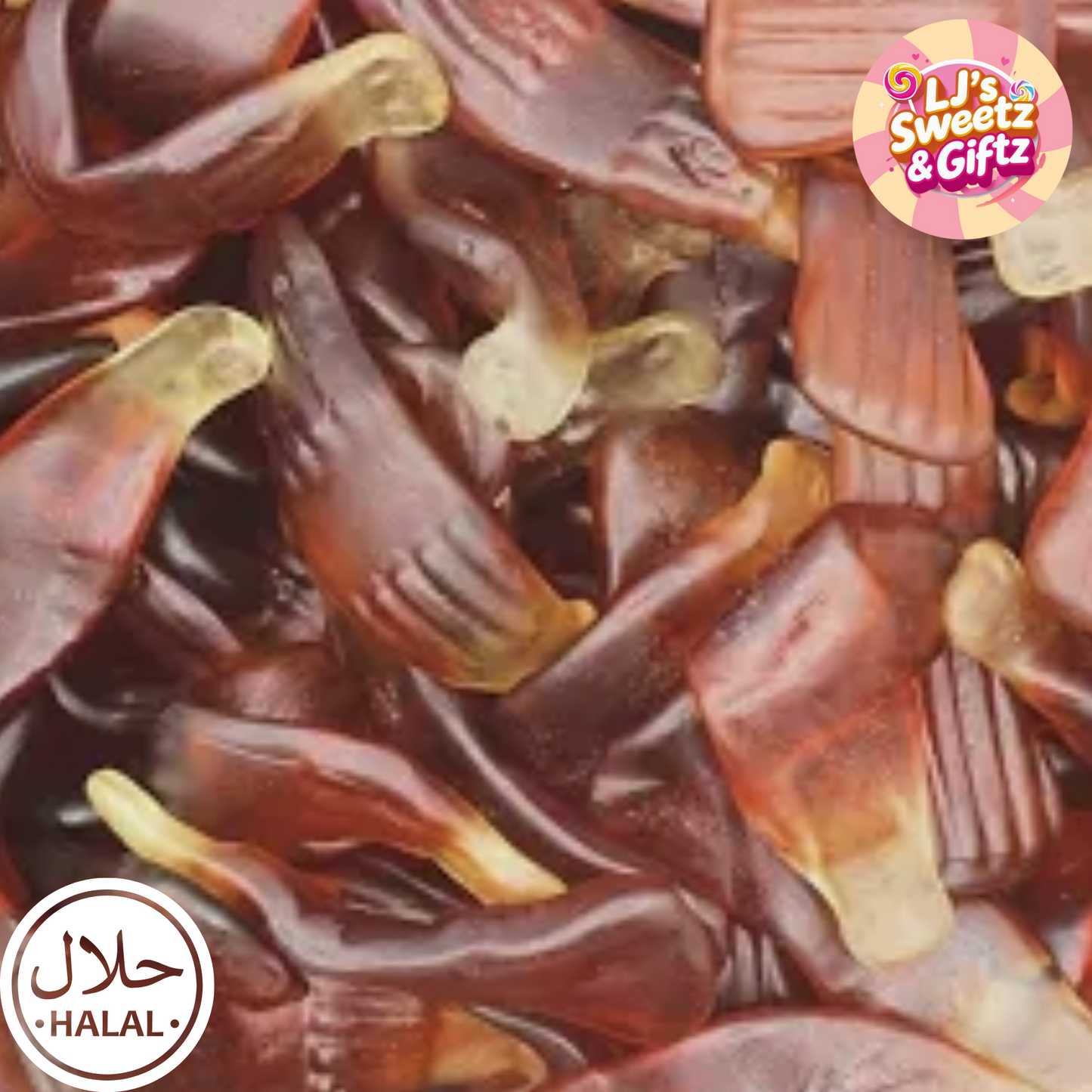 Close-up of giant cola bottles with 'LJ's Sweetz & Giftz' branding.
