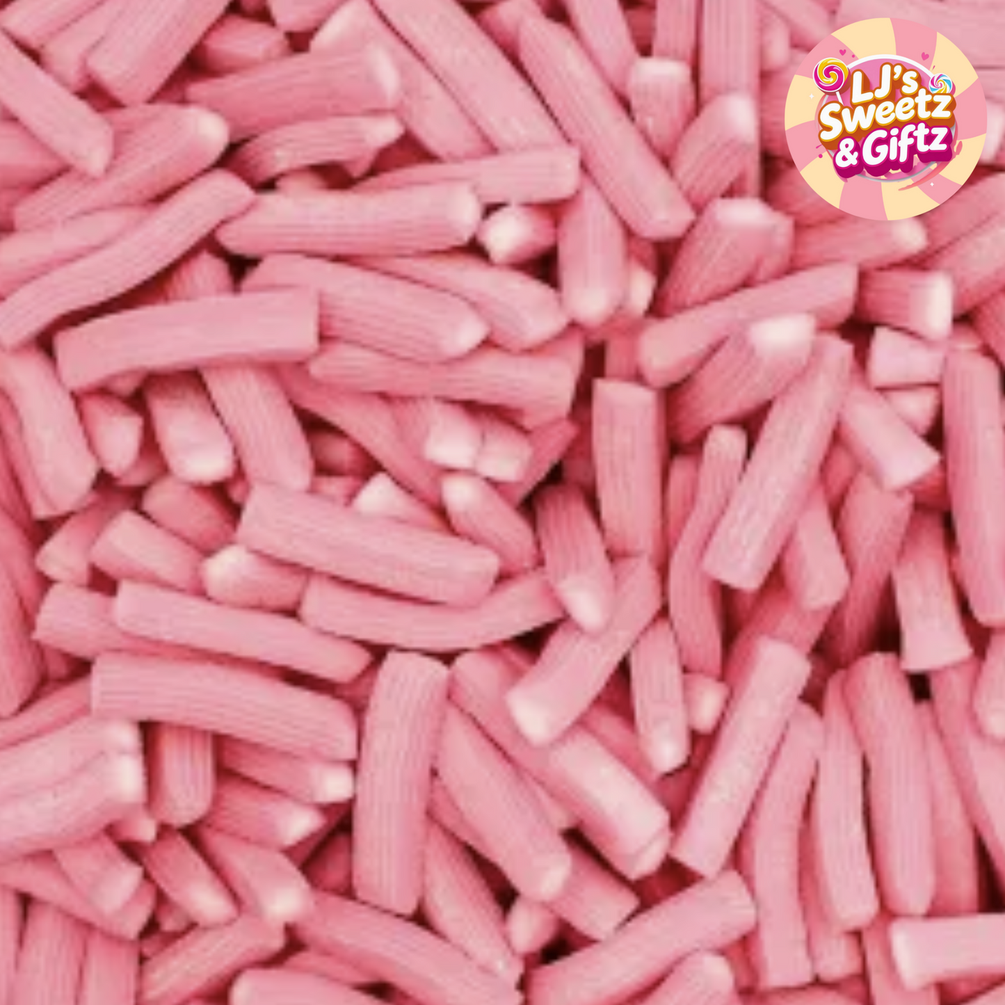 Pink candy sticks with 'LJ's Sweetz & Giftz' logo in the corner.