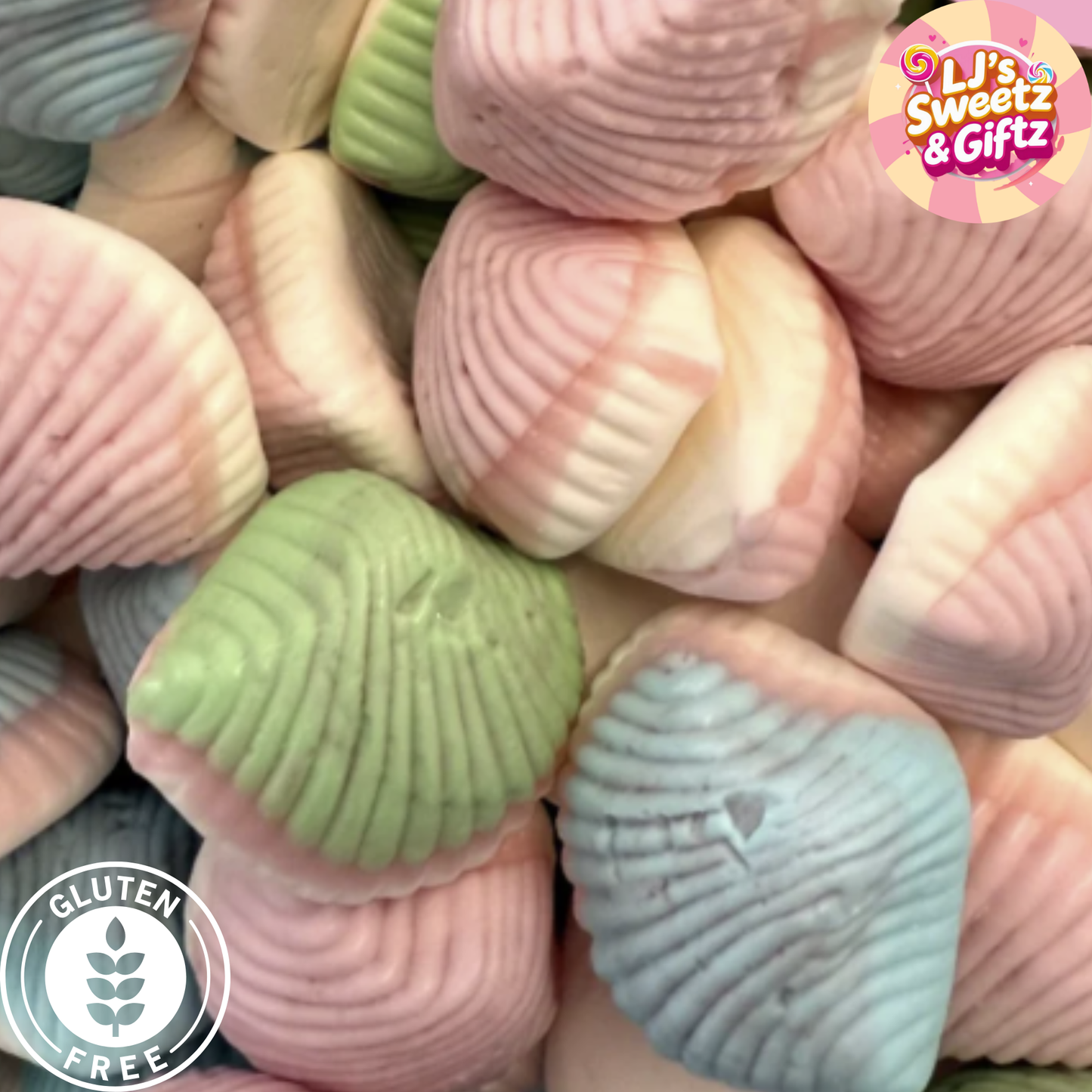 Pastel-colored shell-shaped candies with a brand logo and gluten-free label.