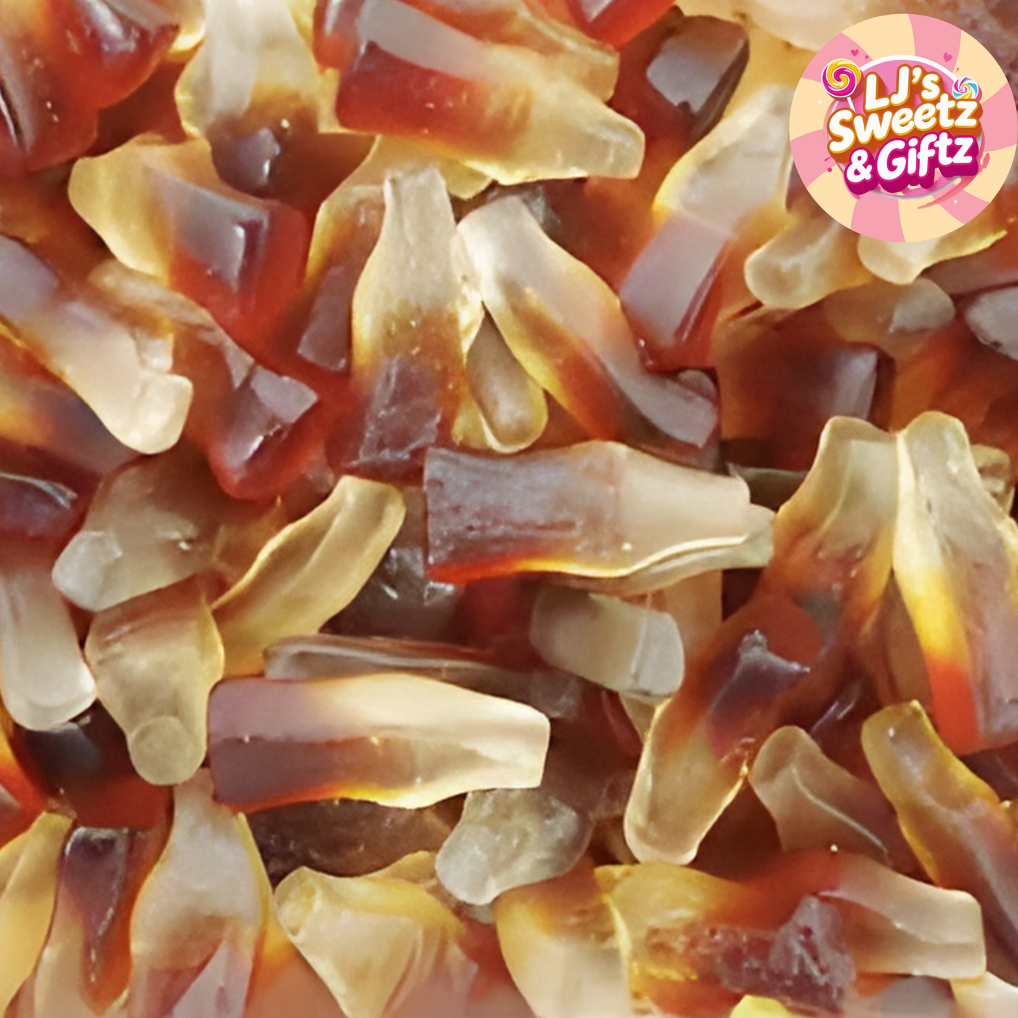 Close-up of colorful gummy candy with 'LJ's Sweetz & Giftz' logo.