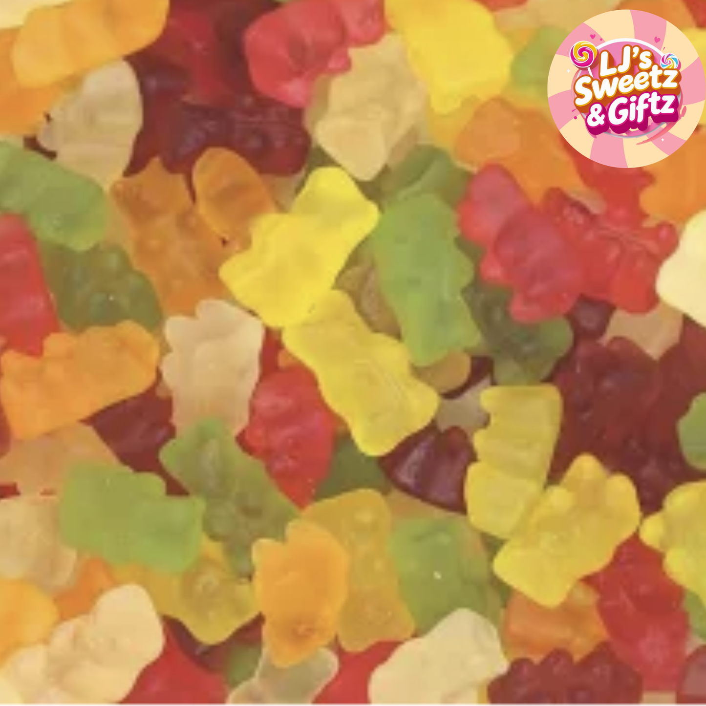 Colorful gummy bears with LJ's Sweetz & Giftz logo in the corner.