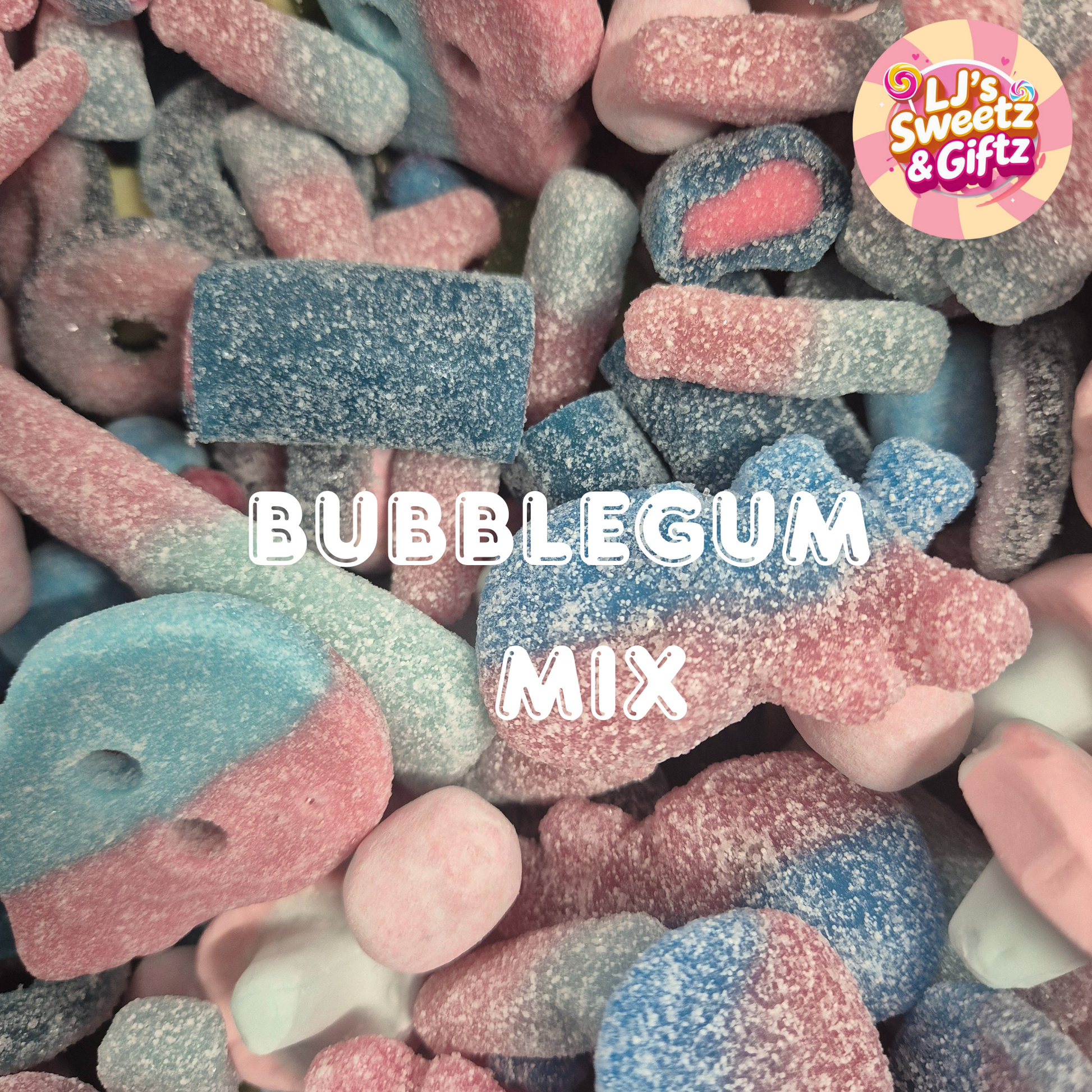 Bubblegum mix candy with LJ's Sweetz & Giftz logo in the corner.