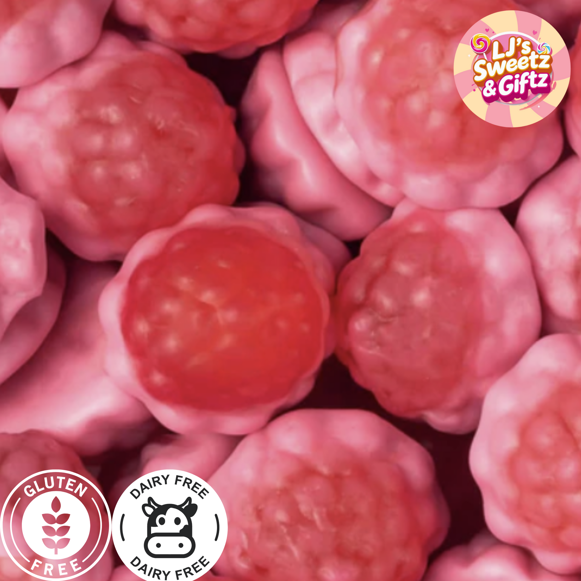 Close-up of pink gummy candies with 'LJ's Sweetz & Giftz' logo and dietary labels.