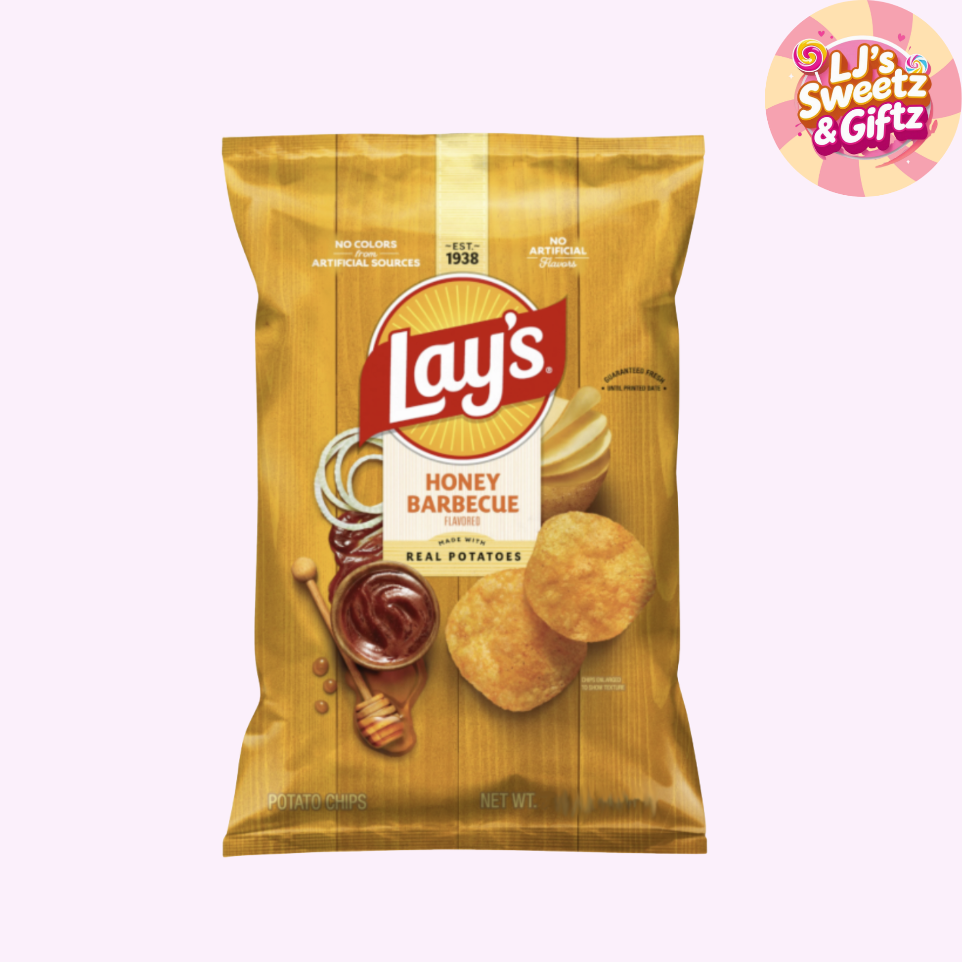 Lay's Honey Barbecue potato chips packaging on a white background