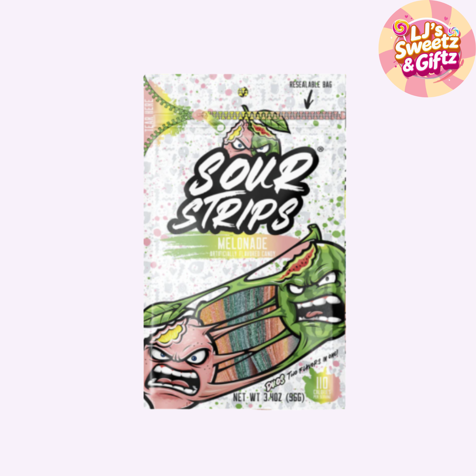 Pack of Sour Strips with cartoon character on a white background, featuring LJ's Sweetz & Giftz branding.