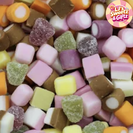 Assorted colorful candies with LJ's Sweetz & Giftz logo in the corner.