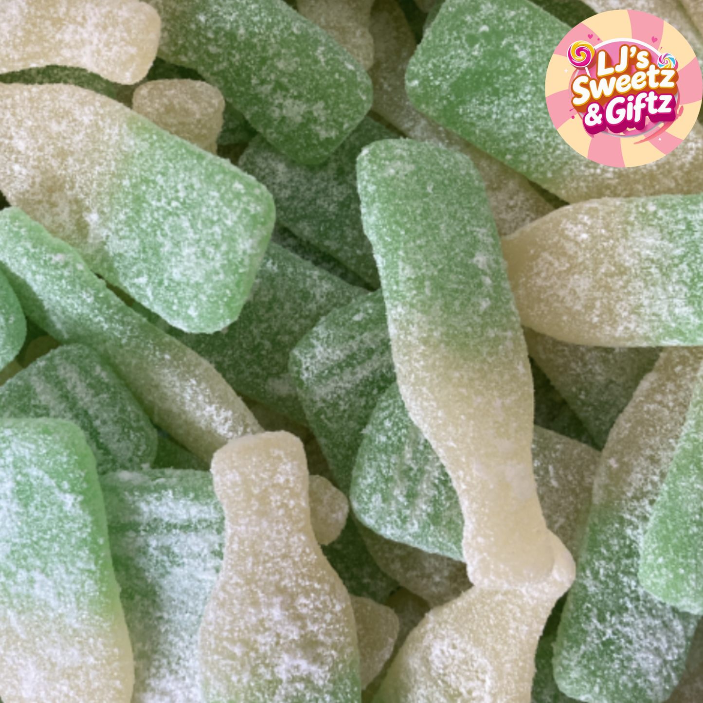 Close-up of green and white gummy bottles with 'LJ's Sweetz & Giftz' logo.