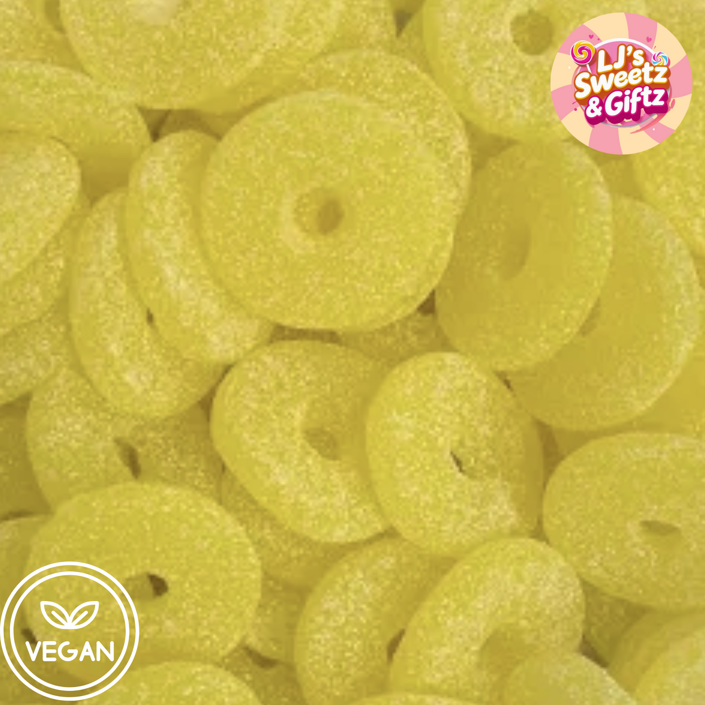 Close-up of yellow pineapple rings with 'LJ's Sweetz & Giftz' branding and a vegan label.
