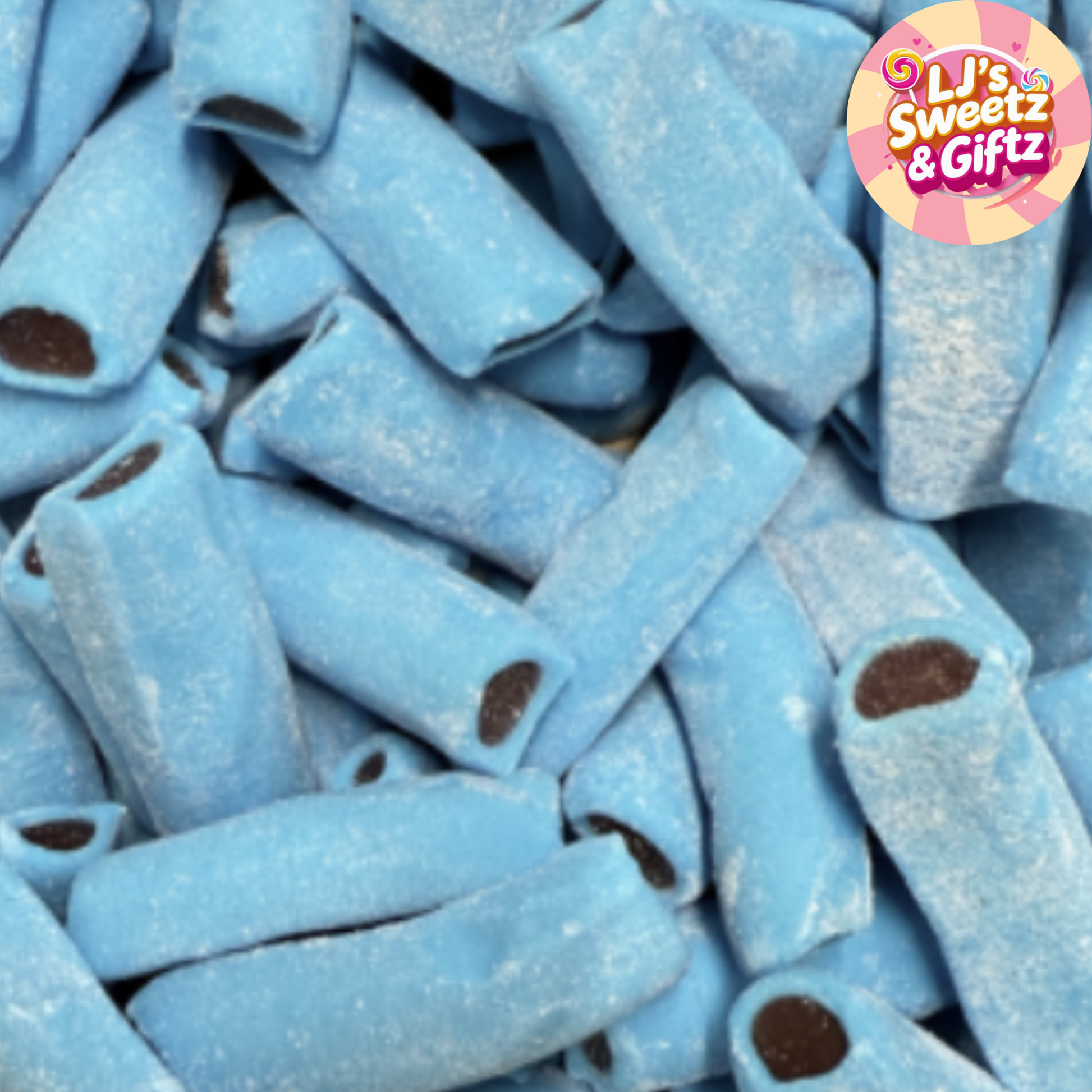 Blue candy sticks with brown spots on a bed of similar candies, featuring 'Lil's Sweetz & Giftz' logo.