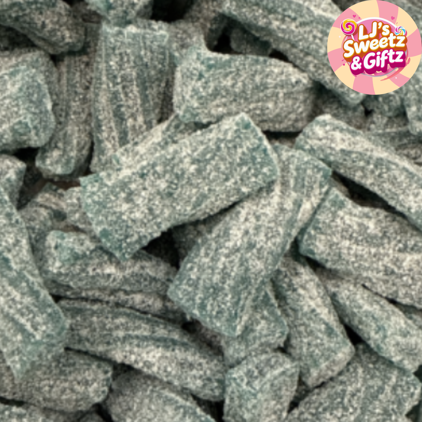 Close-up of green gummy bears with 'Li's Sweetz & Giftz' logo in the corner.