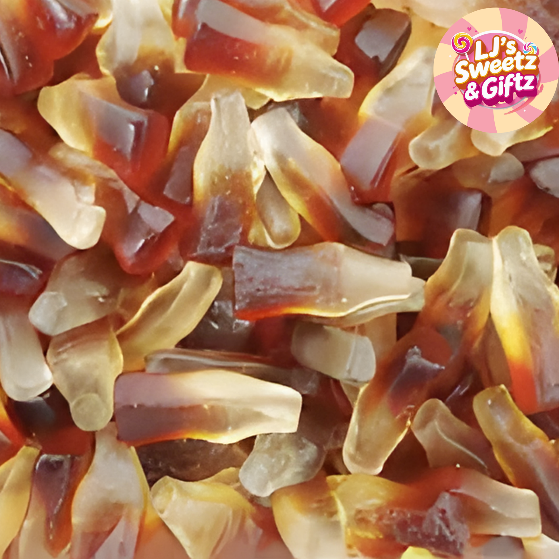 Close-up of colorful gummy candy with 'LJ's Sweetz & Giftz' logo.