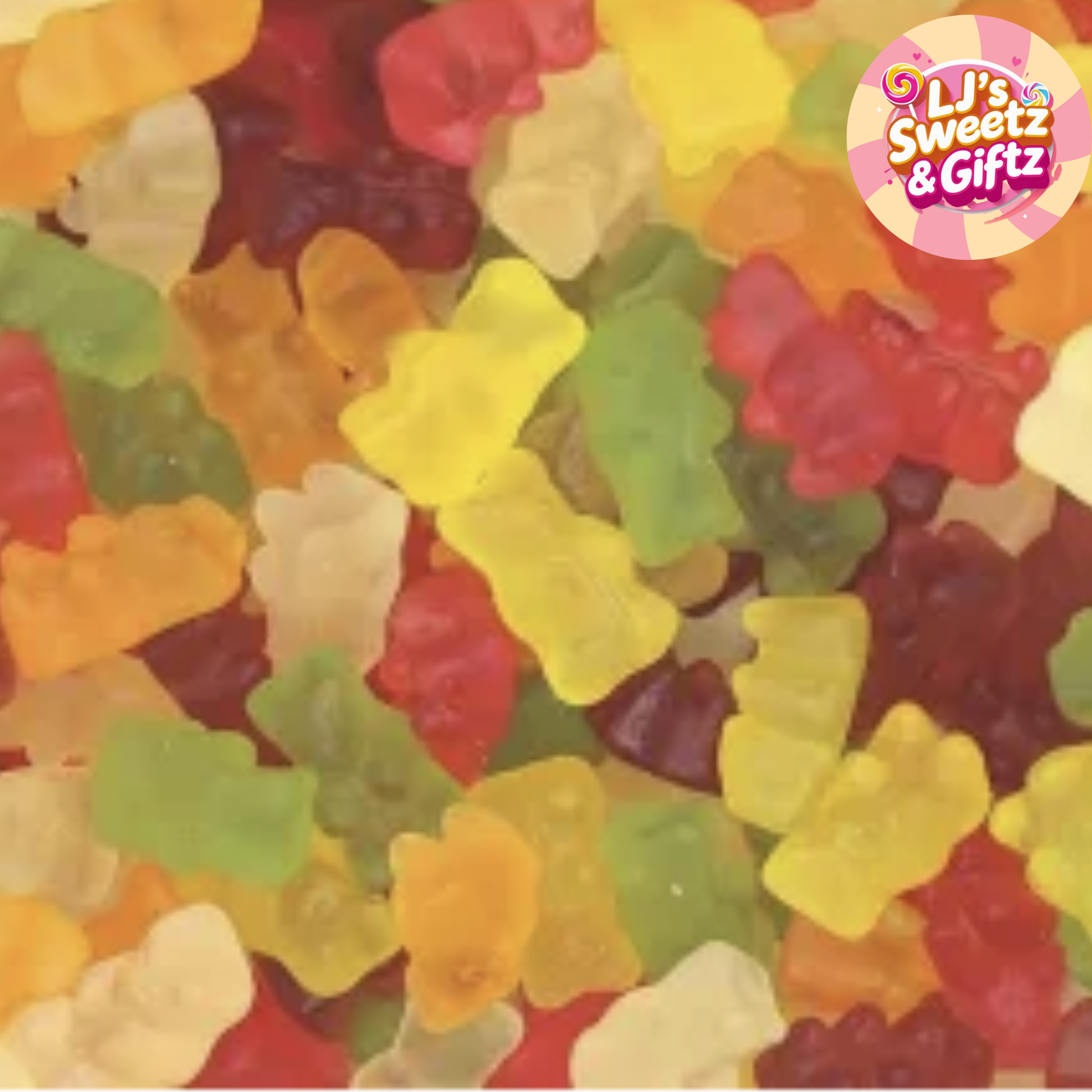 Colorful gummy bears with LJ's Sweetz & Giftz logo in the corner.