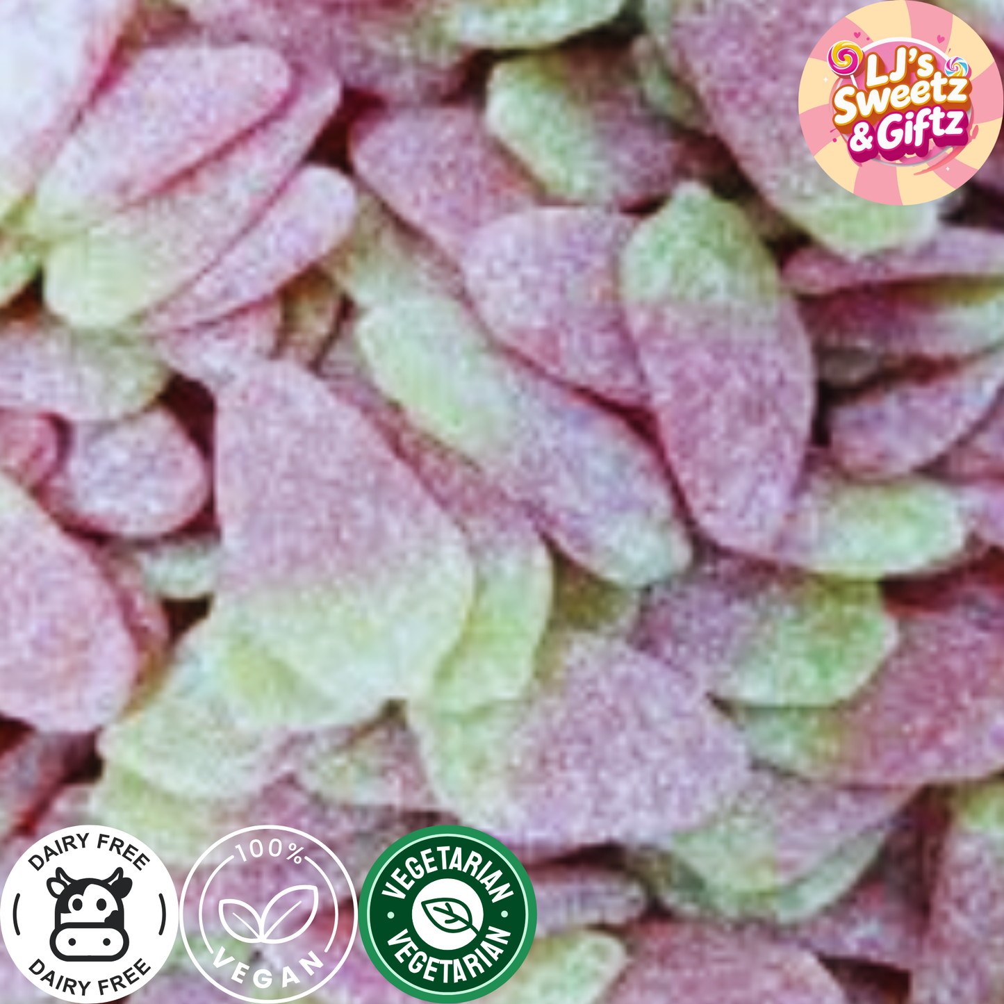 Close-up of pink and green gummy candy with LJ's Sweetz & Giftz logo.