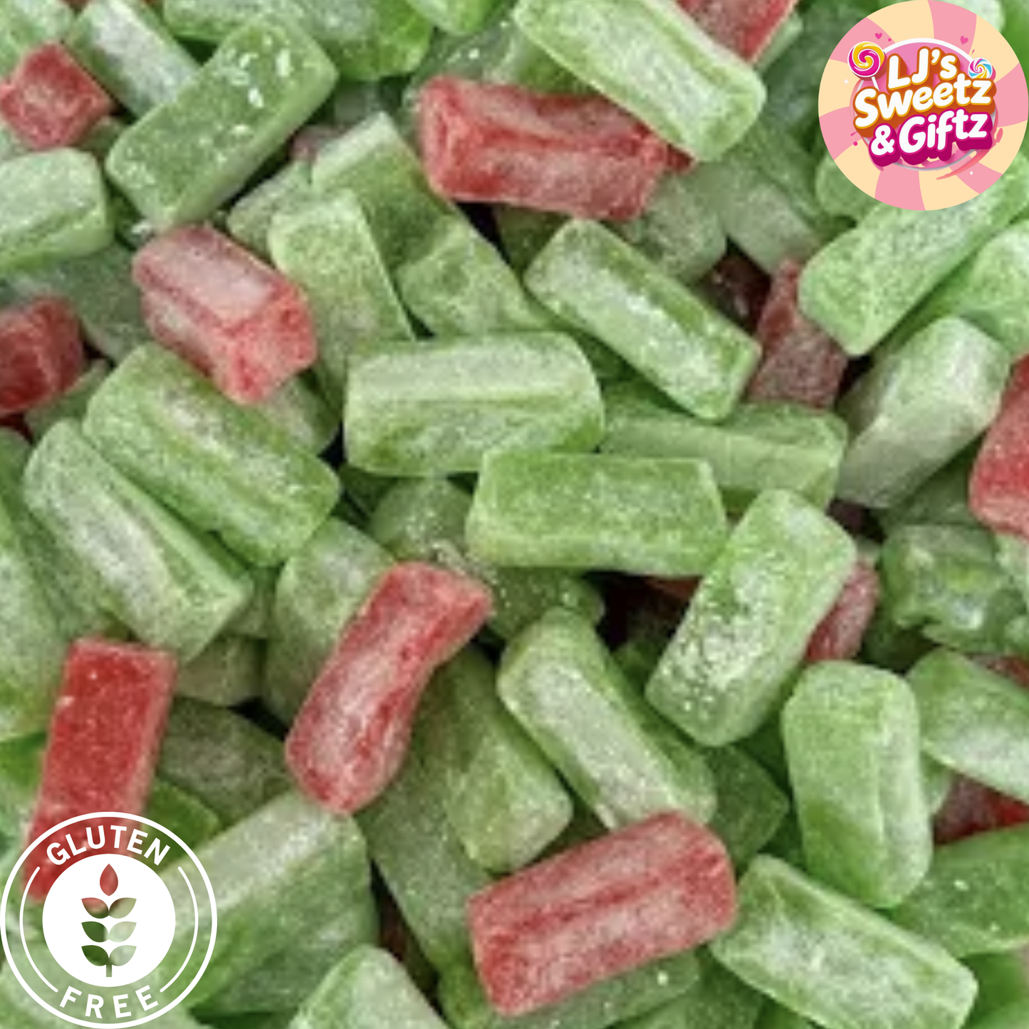 Green and red gummy candies with a 'LJ's Sweetz & Giftz' logo and gluten-free label.